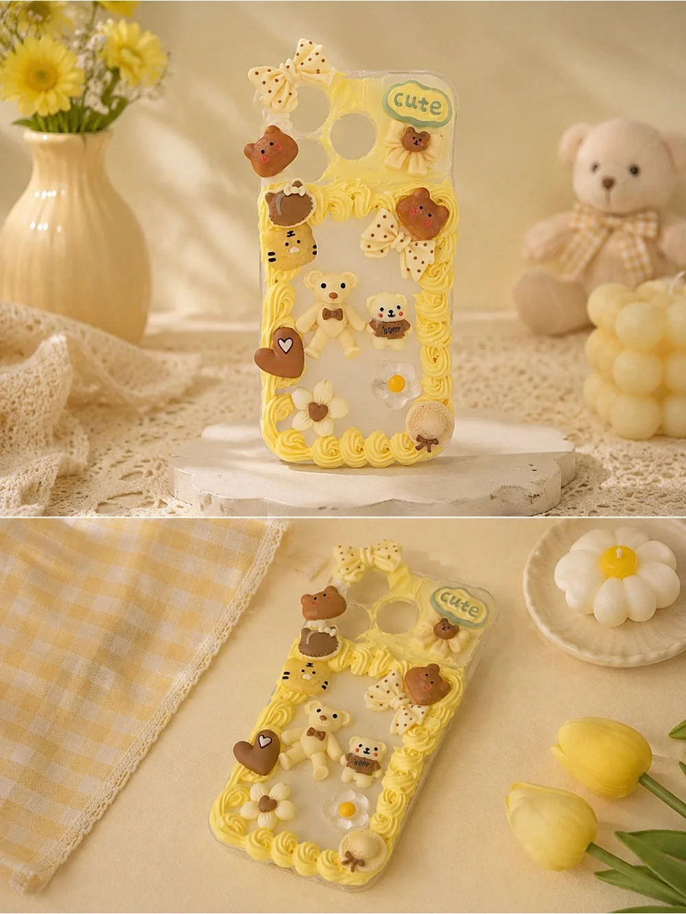 Handmade Kawaii Yellow Teddy Bear Decoden Phone Case 🐻 IPhone 17 Pro Max